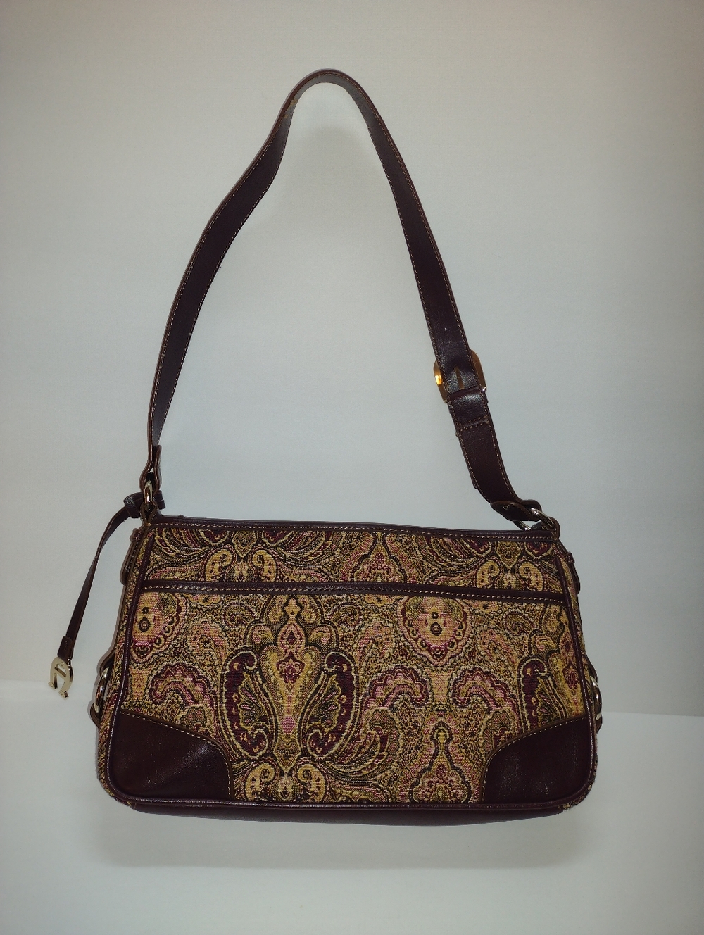 Etienne Aigner Paisley Tapestry Shoulder Bag Brown Faux Leather Trim Charm Clean - Picture 8 of 11